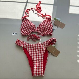 Berlook  Bikini Small Red Plaid Double Strap Triangle Top Ruched Bikini Bottom
